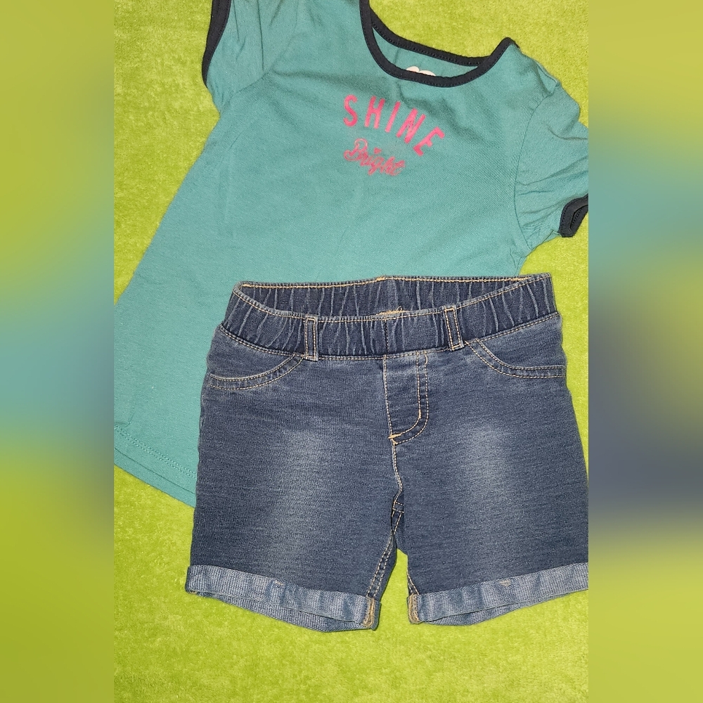 NWOT 2pc Jumping bean girls denim stretchy shorts, kids shine bright" logo shirt